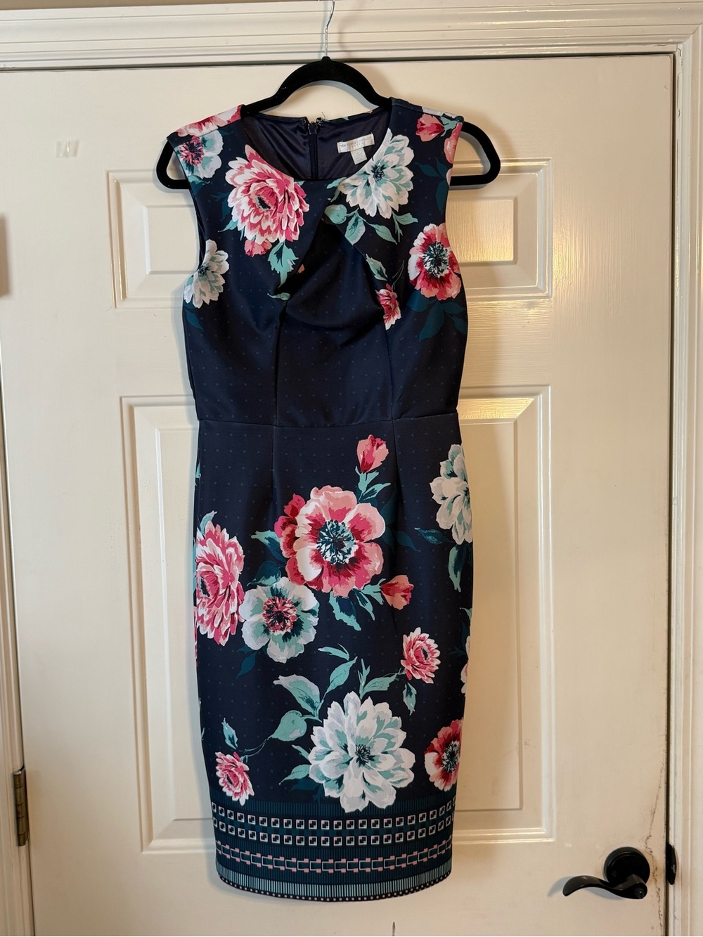 Navy Floral Midi Sheath Dress with Pink & Teal Blooms